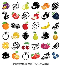 Sustainable healthy fruit icon collection - vector color and black and white outline illustration and silhouette illustration