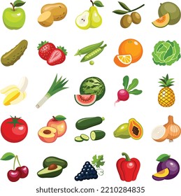 Sustainable healthy fruit and vegetable icon collection - vector color illustration