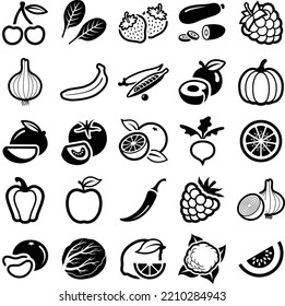 Sustainable healthy fruit and vegetable icon collection - vector outline illustration and silhouette