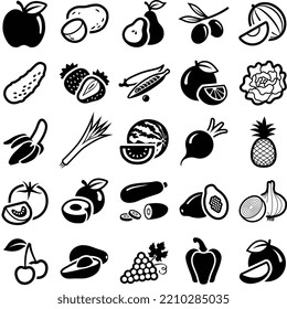 Sustainable healthy fruit and vegetable icon collection - vector outline illustration and silhouette