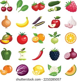 Sustainable healthy fruit and vegetable icon collection - vector color illustration