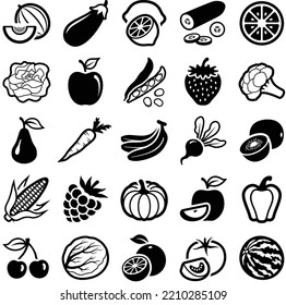 Sustainable healthy fruit and vegetable icon collection - vector outline illustration and silhouette