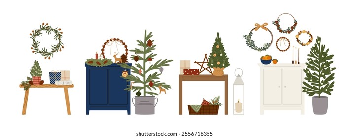 Sustainable holiday interior with natural Christmas decorations and furniture. Eco-friendly trees, wreaths, gifts and ornaments. Wooden tables, cabinets with cozy elements. Flat vector illustrations