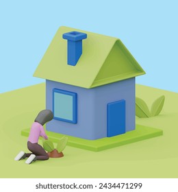 Sustainable home concept. Realistic 3d object cartoon style.