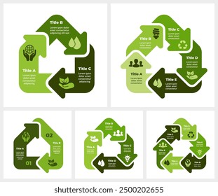 Infografía del ciclo del hogar sostenible. Energías renovables. Diagrama de flechas de 2, 3, 4, 5, 6 pasos. Casa verde. Gráfico de cuidado ambiental. Vivienda de reciclaje. Edificio respetuoso del medio ambiente. Icono de Naturaleza Tecnología inteligente