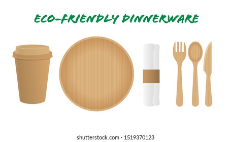 Sustainable Home Goods and Eco-Friendly Dinnerware. Bamboo spoons, fork, knives, plate with paper cup isolated on a white background. Recycling.