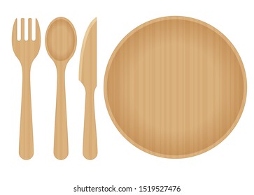 Sustainable Home Goods and Eco-Friendly Dinnerware. Bamboo spoons, fork, knives and plate isolated on a white background. Recycling.