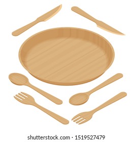 Sustainable Home Goods and Eco-Friendly Dinnerware. Isometric bamboo spoons, fork, knives, plate isolated on a white background. Recycling.