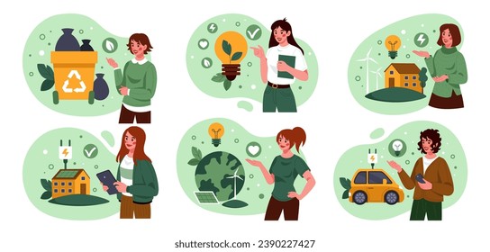 Sustainable home. Green renewable energy. Eco friendly car charge. Infographic with nature, ecology and people. Garbage recycle. Electric lamp. Environment conservation icons. Vector tidy concepts set