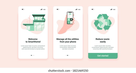 Sustainable home screens of mobile application, which helps to manage all the urilities and reduce energy waste. Eco friendly smart houses and efficient homes, built from low-impact materials