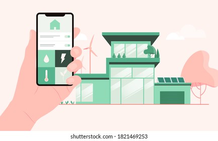 Sustainable Home With Solar Panels And Wind Farms Mobile Application Which Is Used By Its Owner. Eco Friendly Smart Houses And Efficient Homes, Built From Low-impact Materials Vector Illustration