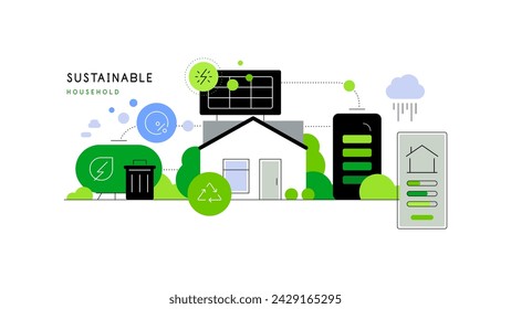 Hogar sostenible. Estilo de vida ecológico, tecnologías de vida ecológica. Ilustración plana Archivo vectorial.