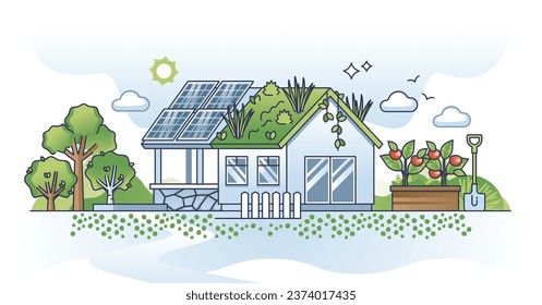 Sustainable housing and home with green and lush solar roof outline concept. Alternative electricity with nature friendly power from sun energy vector illustration. Bio house with local food garden.