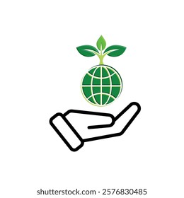 sustainable icon. earth and plant vector in hand. reuse, recycle, net zero, green energy, eco-friendly concept. Mixed design style