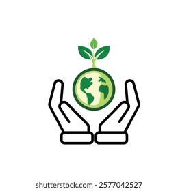 sustainable icon. earth and plant vector in hand. reuse, recycle, net zero, green energy, eco-friendly concept. Mixed design style