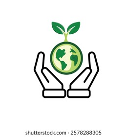 sustainable icon. earth and plant vector in hand. reuse, recycle, net zero, green energy, eco-friendly concept. Mixed design style