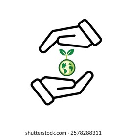 sustainable icon. earth and plant vector in hand. reuse, recycle, net zero, green energy, eco-friendly concept. Mixed design style