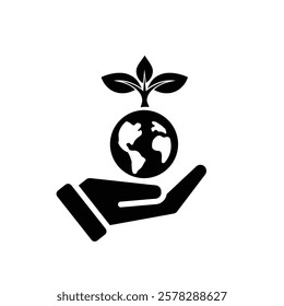 sustainable icon. earth and plant vector in hand. reuse, recycle, net zero, green energy, eco-friendly concept. Solid design style