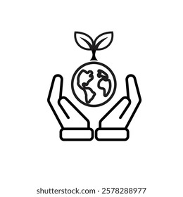 sustainable icon. earth and plant vector in hand. reuse, recycle, net zero, green energy, eco-friendly concept. Line design style