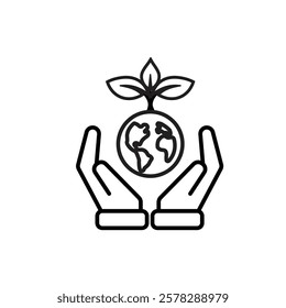 sustainable icon. earth and plant vector in hand. reuse, recycle, net zero, green energy, eco-friendly concept. Line design style