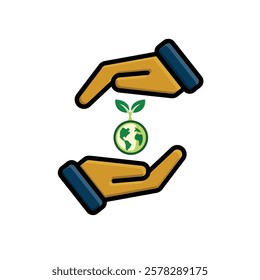 sustainable icon. earth and plant vector in hand. reuse, recycle, net zero, green energy, eco-friendly concept. Flat color design style