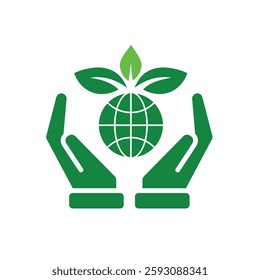 sustainable icon. earth and plant vector in hand. reuse, recycle, net zero, green energy, eco-friendly concept. Solid design style