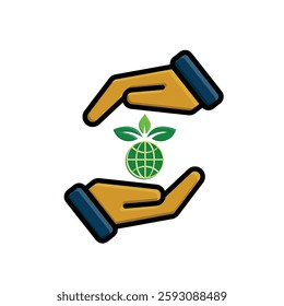sustainable icon. earth and plant vector in hand. reuse, recycle, net zero, green energy, eco-friendly concept. Flat color design style