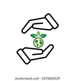 sustainable icon. earth and plant vector in hand. reuse, recycle, net zero, green energy, eco-friendly concept. Mixed design style