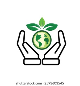 sustainable icon. earth and plant vector in hand. reuse, recycle, net zero, green energy, eco-friendly concept. Mixed design style