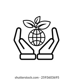 sustainable icon. earth and plant vector in hand. reuse, recycle, net zero, green energy, eco-friendly concept. Line design style