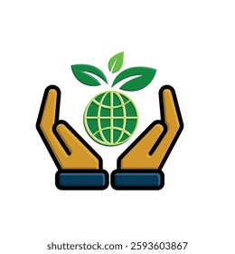 sustainable icon. earth and plant vector in hand. reuse, recycle, net zero, green energy, eco-friendly concept. Flat color design style