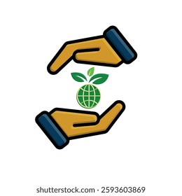 sustainable icon. earth and plant vector in hand. reuse, recycle, net zero, green energy, eco-friendly concept. Flat color design style