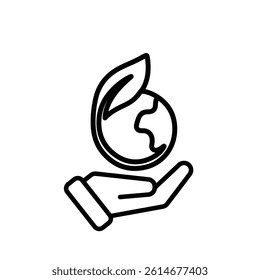 sustainable icon. earth and plant vector in hand. reuse, recycle, net zero, green energy, eco-friendly concept. Line design style