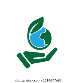 sustainable icon. earth and plant vector in hand. reuse, recycle, net zero, green energy, eco-friendly concept. Solid design style