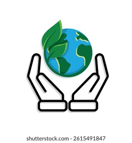 sustainable icon. earth and plant vector in hand. reuse, recycle, net zero, green energy, eco-friendly concept. Mixed design style