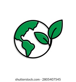 Sustainable icon. Eco planet. A globe combined with two leaves. Renewable, resource, management. Mixed design style.