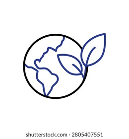 Sustainable icon. Eco planet. A globe combined with two leaves. Renewable, resource, management. Outline design style.