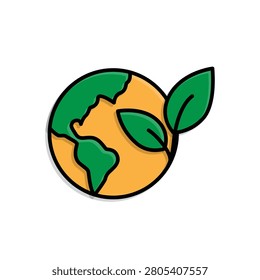 Sustainable icon. Eco planet. A globe combined with two leaves. Renewable, resource, management. Isometric design style.