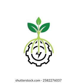 sustainable icon. green energy vector. tree and lightning symbols on the gear. reuse, recycling, net zero, green energy, eco friendly concept. Mixed design style