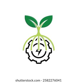 sustainable icon. green energy vector. tree and lightning symbols on the gear. reuse, recycling, net zero, green energy, eco friendly concept. Mixed design style