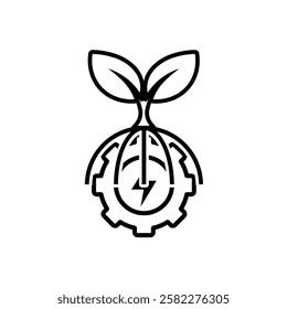 sustainable icon. green energy vector. tree and lightning symbols on the gear. reuse, recycling, net zero, green energy, eco friendly concept. Line design style