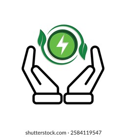 sustainable icon. green energy vector in hand. tree and lightning symbol. reuse, recycle, net zero, green energy, eco friendly concept. Mixed design style