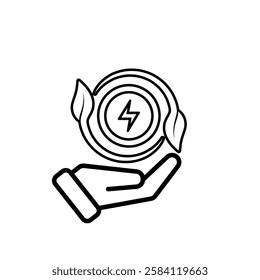 sustainable icon. green energy vector in hand. tree and lightning symbol. reuse, recycle, net zero, green energy, eco friendly concept. Line design style
