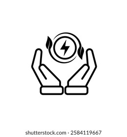 sustainable icon. green energy vector in hand. tree and lightning symbol. reuse, recycle, net zero, green energy, eco friendly concept. Line design style