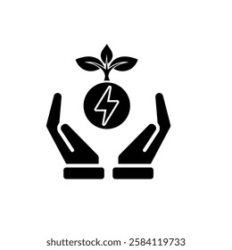 sustainable icon. green energy vector in hand. tree and lightning symbol. reuse, recycle, net zero, green energy, eco friendly concept. Solid design style