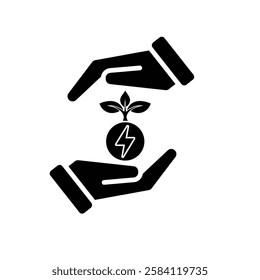 sustainable icon. green energy vector in hand. tree and lightning symbol. reuse, recycle, net zero, green energy, eco friendly concept. Solid design style