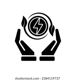 sustainable icon. green energy vector in hand. tree and lightning symbol. reuse, recycle, net zero, green energy, eco friendly concept. Solid design style