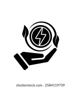 sustainable icon. green energy vector in hand. tree and lightning symbol. reuse, recycle, net zero, green energy, eco friendly concept. Solid design style