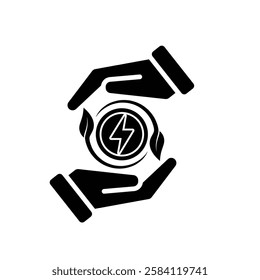 sustainable icon. green energy vector in hand. tree and lightning symbol. reuse, recycle, net zero, green energy, eco friendly concept. Solid design style