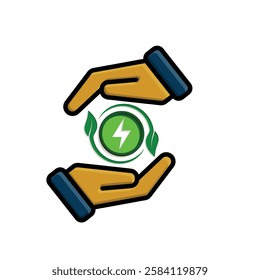 sustainable icon. green energy vector in hand. tree and lightning symbol. reuse, recycle, net zero, green energy, eco friendly concept. Simple 3D design style